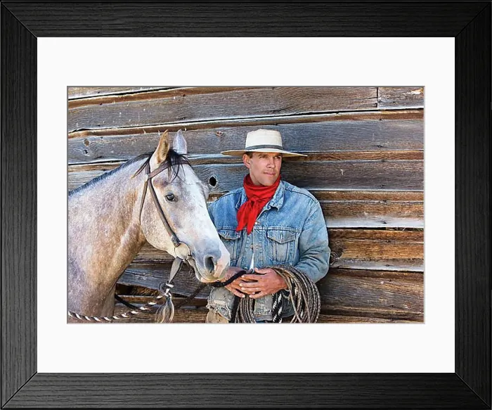 Framed Print : Cowboy with horse at barn, wildwest, Oregon, USA, North America Framed Print : Cowboy with horse at barn, wildwest, Oregon, USA, North America