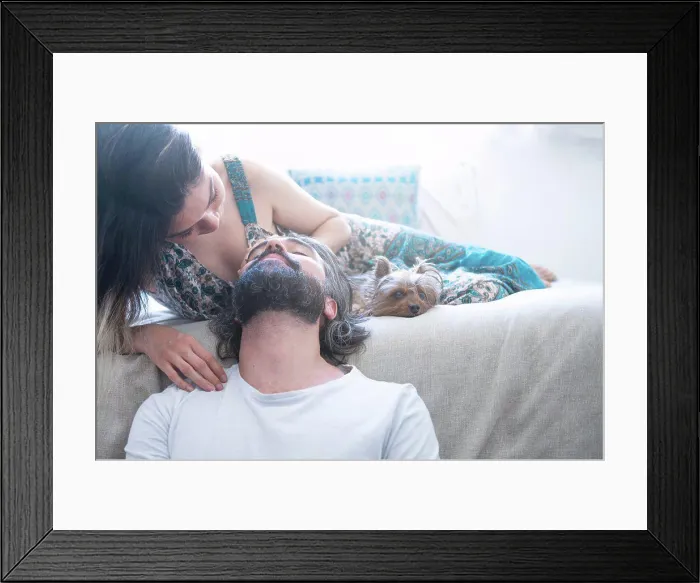 Framed Print : Couple in love laughing in their room. Valentine's day