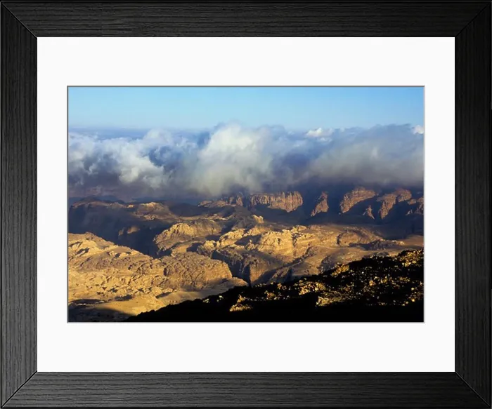Framed Print : jordan, near wadi musa, view of wadi araba, rift valley, fog Framed Print : jordan, near wadi musa, view of wadi araba, rift valley, fog