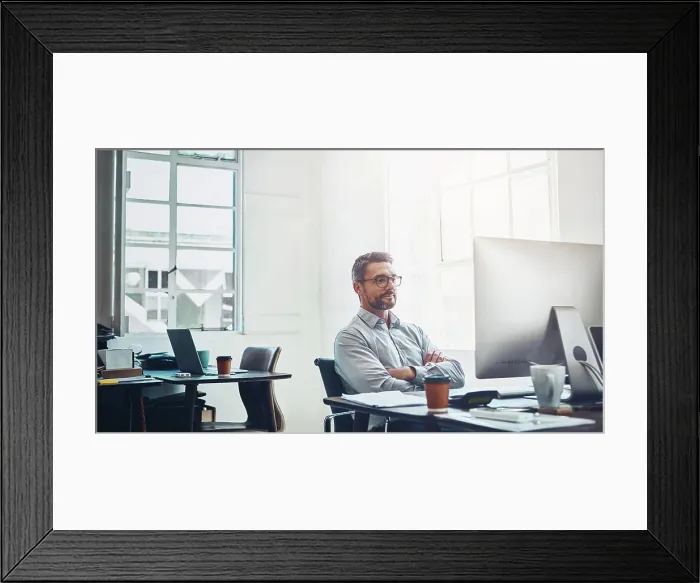 Framed Print : Business, man and computer with arms crossed in office or ready for contact us
