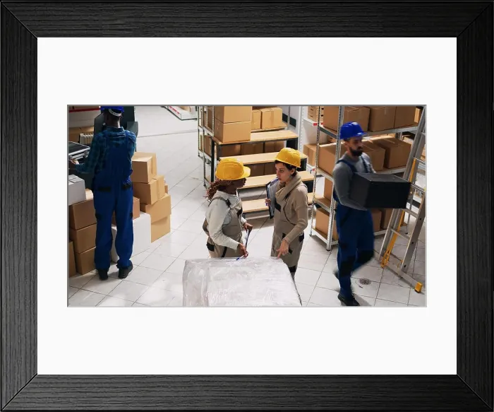 Framed Print : Diverse women talking about shipment and delivery