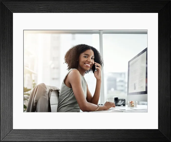 Framed Print : Happy black woman, portrait and discussion with phone call for business proposal or communication at office