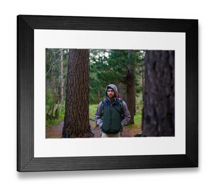 Framed Print : Man, hiking and forest for wellness with backpack Framed Print : Man, hiking and forest for wellness with backpack