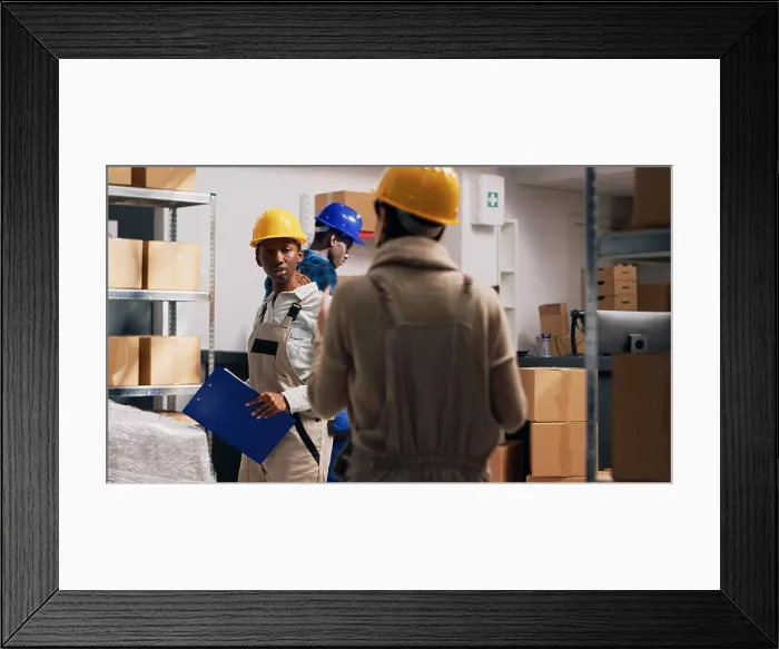 Framed Print : Multiethnic group of people in overalls checking goods Framed Print : Multiethnic group of people in overalls checking goods