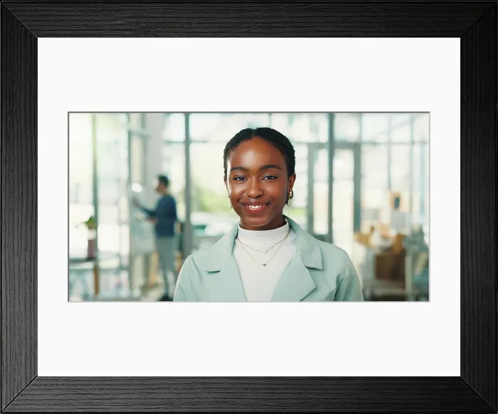 Framed Print : Portrait, happy and woman with internship in office Framed Print : Portrait, happy and woman with internship in office