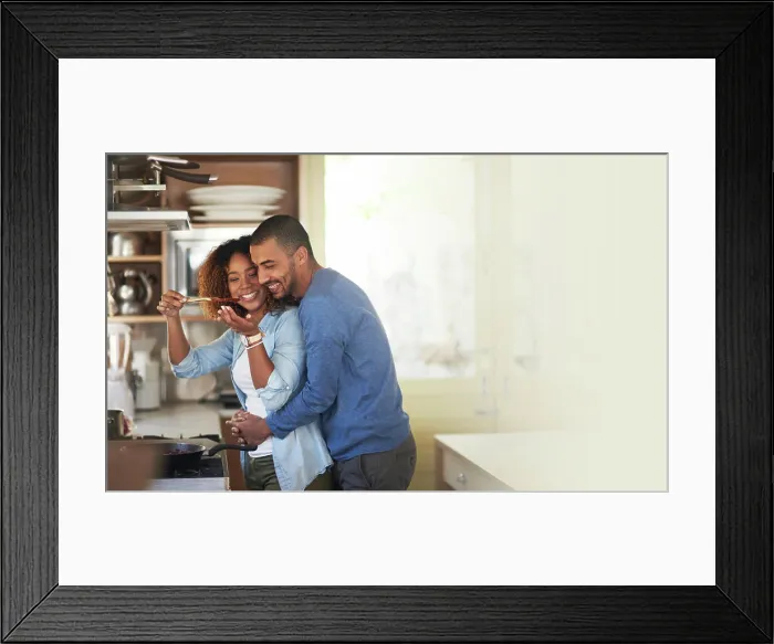 Framed Print : Cooking, black couple and hug in a kitchen with marriage and love at home with mockup Framed Print : Cooking, black couple and hug in a kitchen with marriage and love at home with mockup