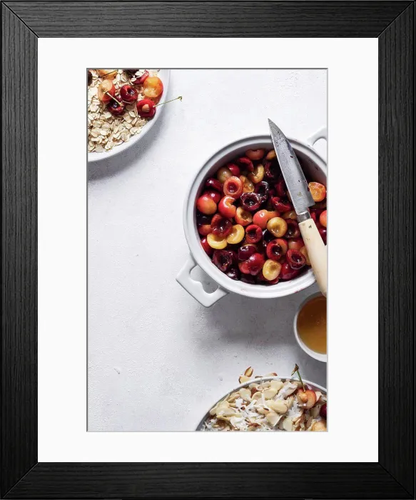 Framed Print : Making a cherry crisp, sliced cherries Framed Print : Making a cherry crisp, sliced cherries