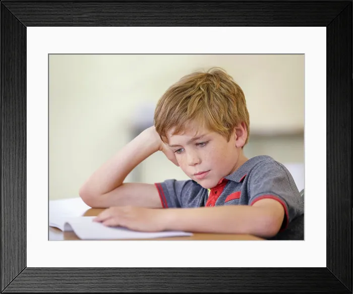 Framed Print : School, education and a boy reading a book at his desk in a classroom for studying or child development Framed Print : School, education and a boy reading a book at his desk in a classroom for studying or child development