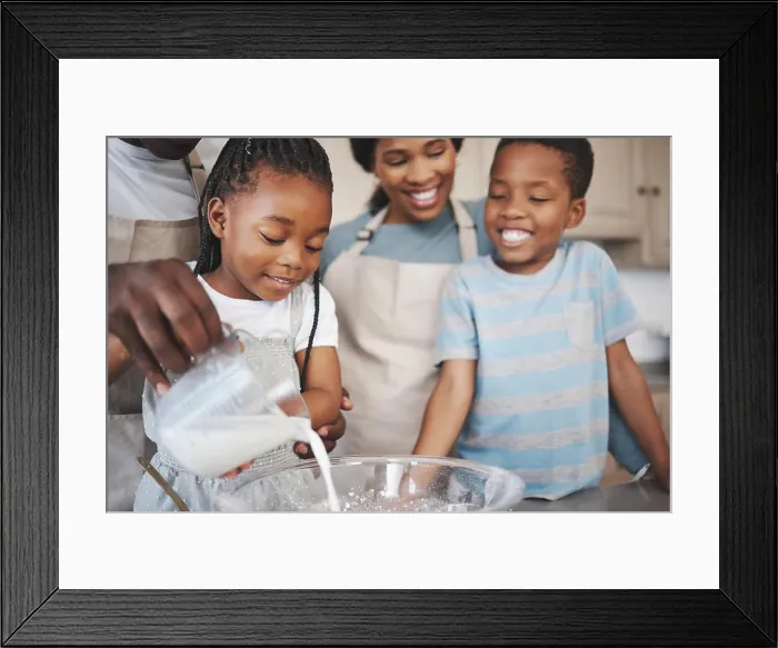 Framed Print : Baking, milk and black family in kitchen for bonding