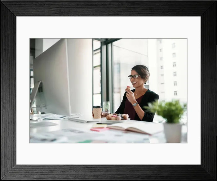 Framed Print : Business woman, computer and food in office for work Framed Print : Business woman, computer and food in office for work
