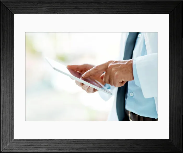Framed Print : Hospital, clinic and hands of doctor on tablet for medical website Framed Print : Hospital, clinic and hands of doctor on tablet for medical website