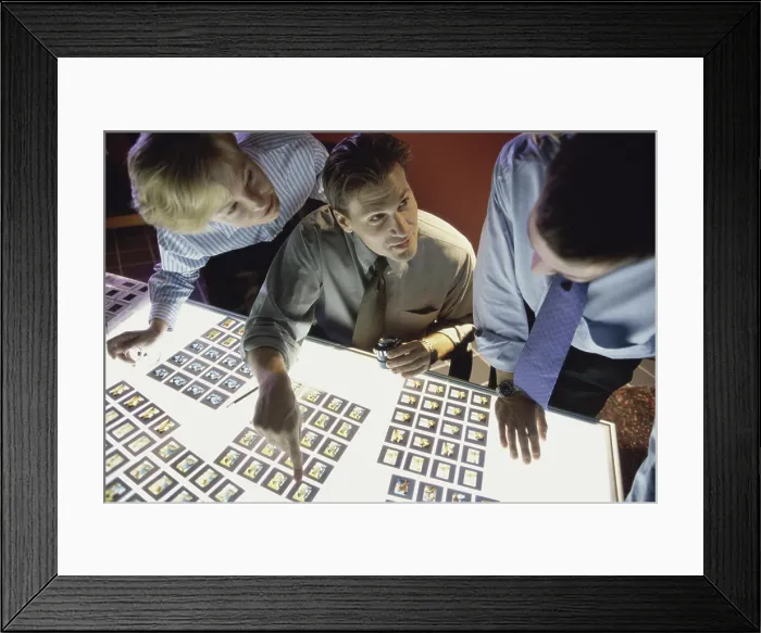 Framed Print : Two mid adult men and a mid adult woman looking at slides Framed Print : Two mid adult men and a mid adult woman looking at slides