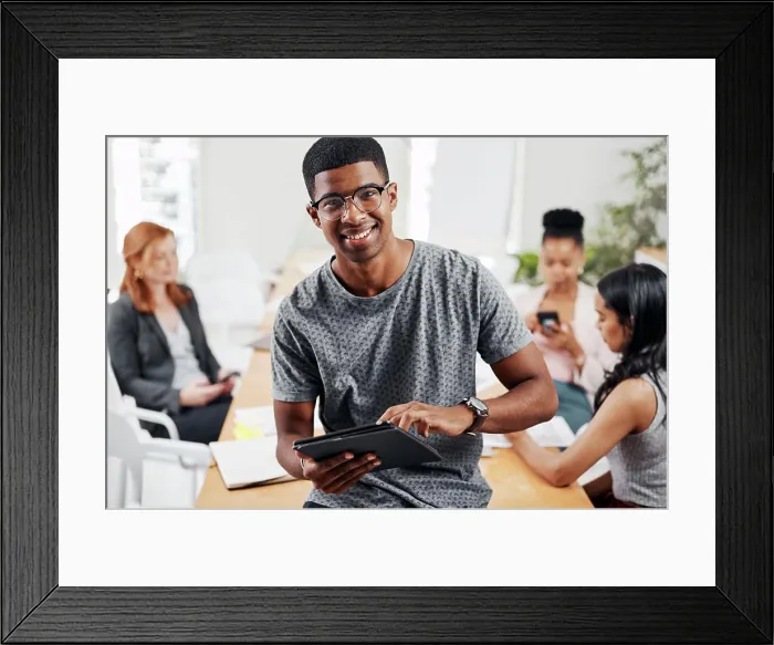 Framed Print : Tablet, man and notes in meeting