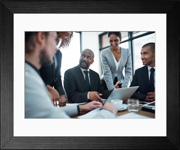 Framed Print : Meeting, talking and business people with laptop in office for planning Framed Print : Meeting, talking and business people with laptop in office for planning