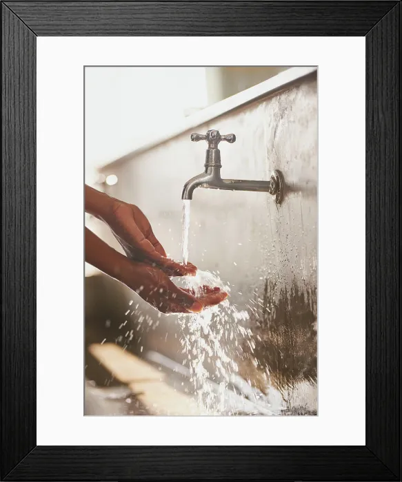 Framed Print : Woman, water and washing hands with tap in bathroom for hygiene Framed Print : Woman, water and washing hands with tap in bathroom for hygiene