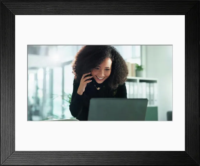 Framed Print : Smile, phone call and business woman at laptop with contact Framed Print : Smile, phone call and business woman at laptop with contact