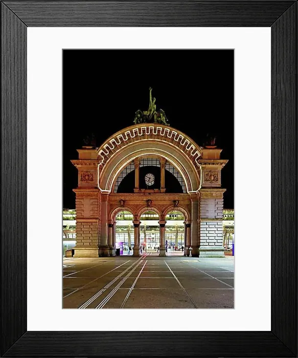 Framed Print : Archway on the station square, light installation at dusk Framed Print : Archway on the station square, light installation at dusk