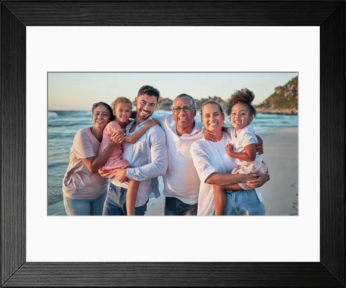 Framed Print : Big family, happy and beach portrait of people with girl children by the sea at sunset Framed Print : Big family, happy and beach portrait of people with girl children by the sea at sunset