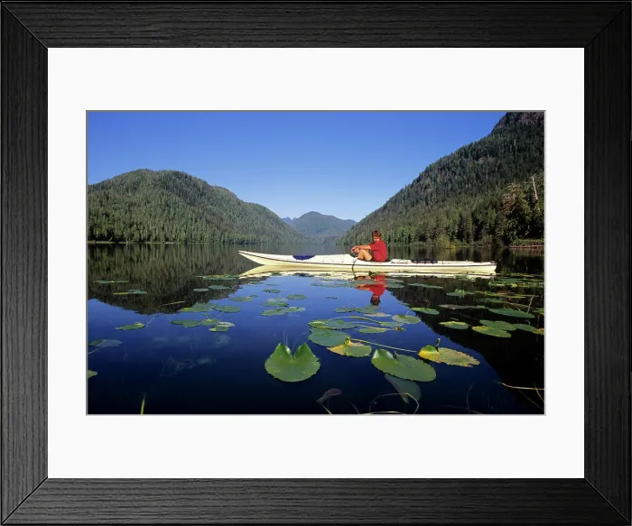 Framed Print : Clayoquot Biosphere reserve, Megin Lake, kayaker and lily pads, Vancouver Island, British Columbia, Canada Framed Print : Clayoquot Biosphere reserve, Megin Lake, kayaker and lily pads, Vancouver Island, British Columbia, Canada