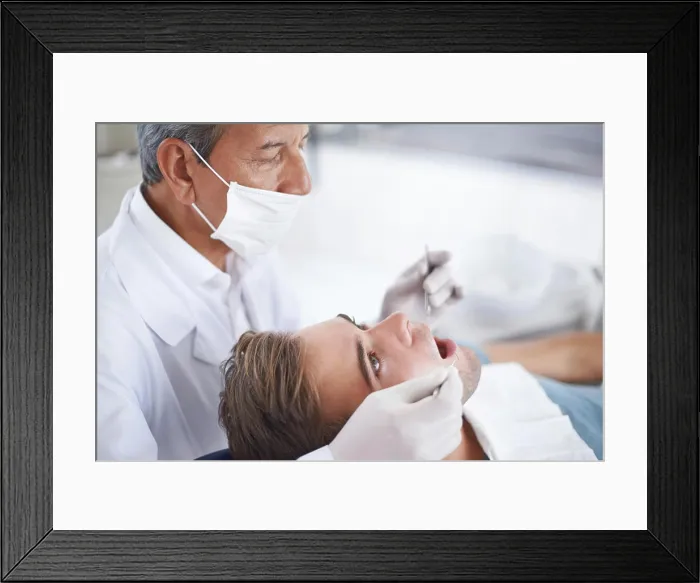 Framed Print : Dental care, man and dentist with tools for healthcare Framed Print : Dental care, man and dentist with tools for healthcare