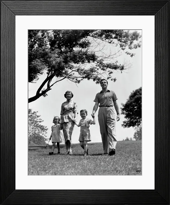 Framed Print : 1950S Happy Family Mother Father Daughter Son Walking In Park Framed Print : 1950S Happy Family Mother Father Daughter Son Walking In Park