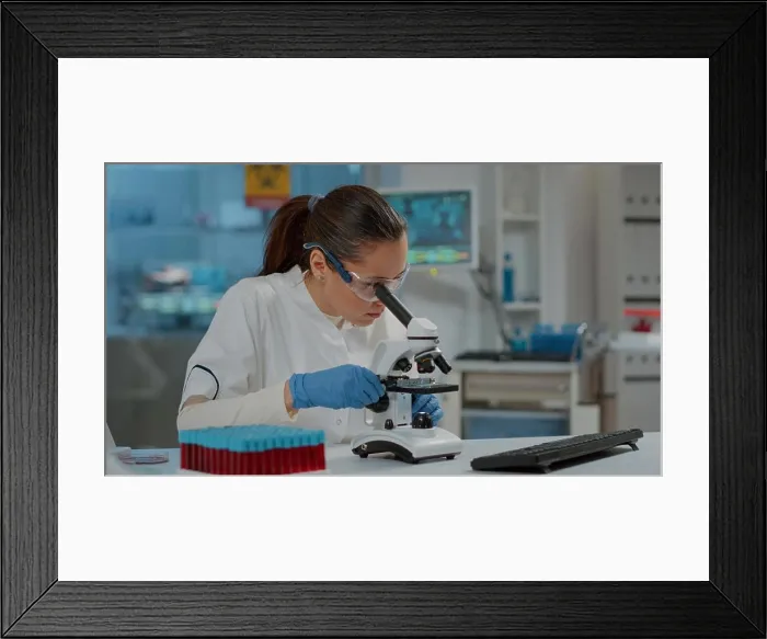 Framed Print : Portrait of scientist looking through microscopic lens in laboratory Framed Print : Portrait of scientist looking through microscopic lens in laboratory