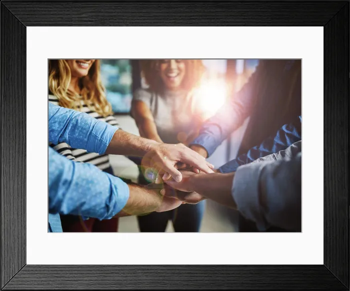 Framed Print : Hands, group and stack at office with support