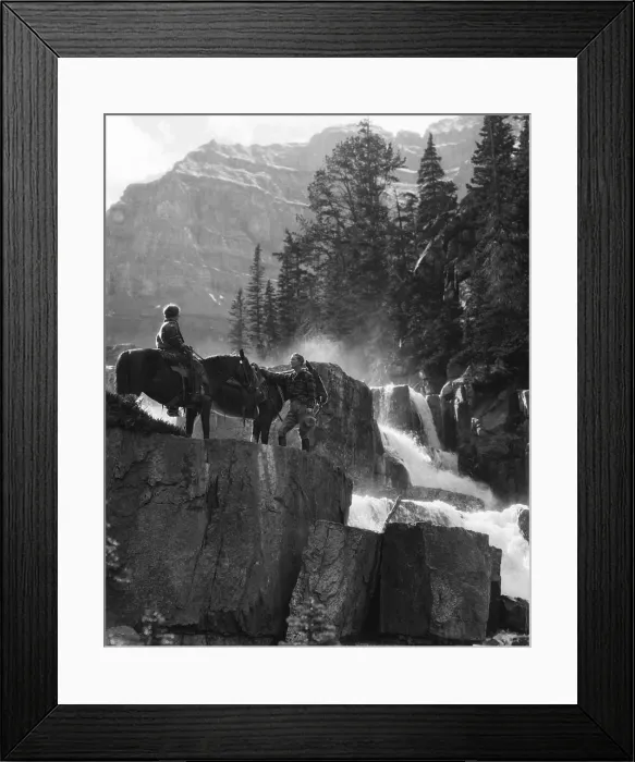 Framed Print : 1930s COUPLE WOMAN ON HORSE MAN STANDING BY HORSE NEAR WATERFALL IN PINE FOREST GIANTS STEPS PARADISE VALLEY ALBERTA