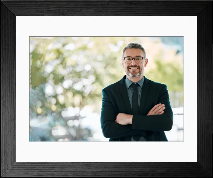 Framed Print : Mature man, business and arms crossed outdoor for professional career and positive attitude