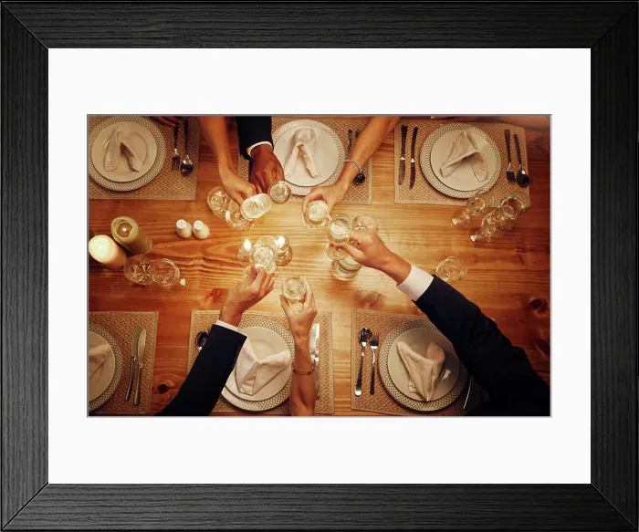 Framed Print : Champagne, glasses and cheers for celebration at a dinner for festive Framed Print : Champagne, glasses and cheers for celebration at a dinner for festive