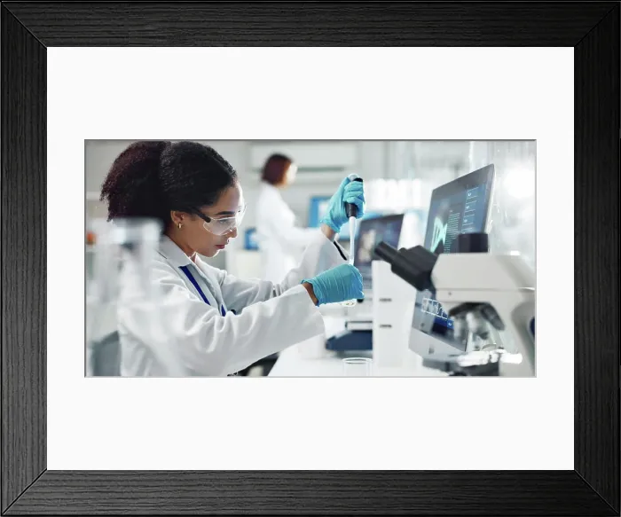 Framed Print : Test tubes, dropper and woman scientist in laboratory for medical study Framed Print : Test tubes, dropper and woman scientist in laboratory for medical study