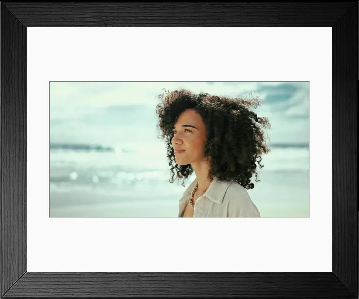 Framed Print : Thinking, reflection or woman at ocean for holiday