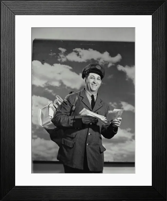 Framed Print : Vintage Photograph. Mailman holding bag of mail and a letter. Frame 2 Framed Print : Vintage Photograph. Mailman holding bag of mail and a letter. Frame 2
