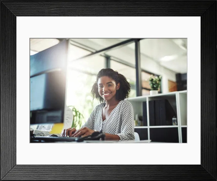 Framed Print : Black woman, computer and portrait for report in office