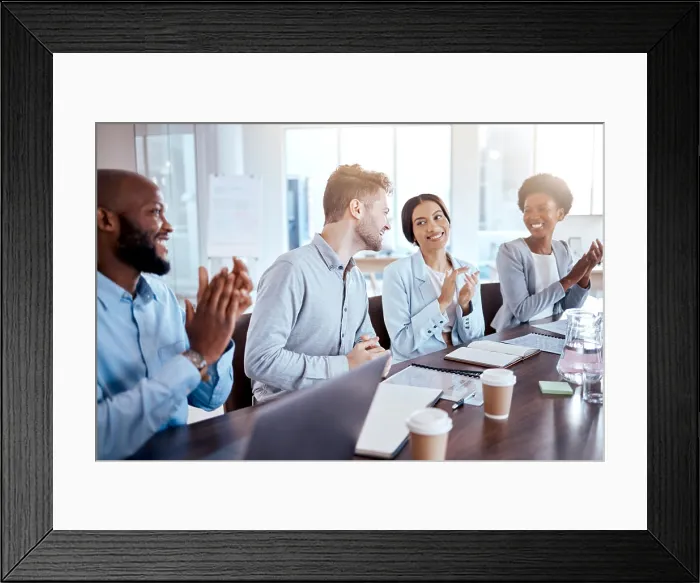 Framed Print : Support, happy or business people clapping in meeting for success Framed Print : Support, happy or business people clapping in meeting for success