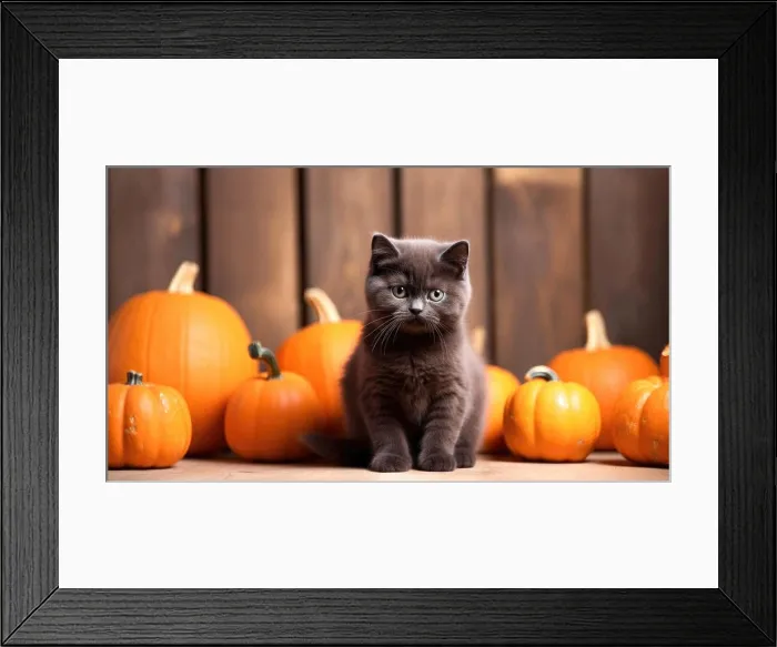 Framed Print : Cute gray kitten sits near orange pumpkins on white background. Halloween or Thanksgiving theme Framed Print : Cute gray kitten sits near orange pumpkins on white background. Halloween or Thanksgiving theme