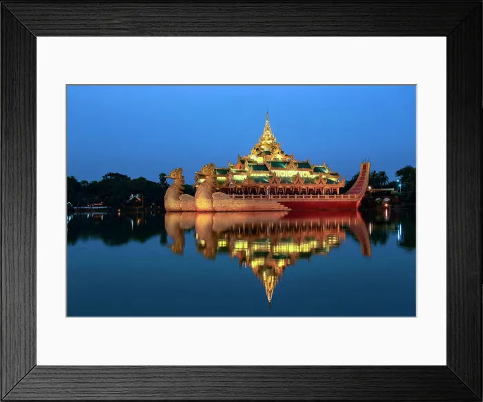 Framed Print : The Karaweik at dusk - a replica of a Burmese Royal Barge on Kandawgyi Lake in Yangon in Myanmar Framed Print : The Karaweik at dusk - a replica of a Burmese Royal Barge on Kandawgyi Lake in Yangon in Myanmar