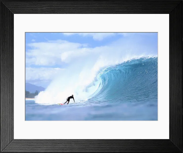 Framed Print : David Cantrell out in front of large crashing wave, blue sky w /  clouds