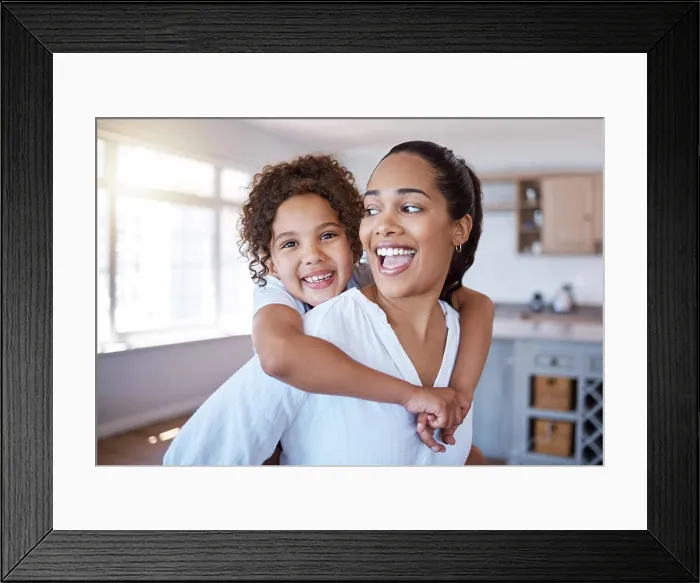 Framed Print : Portrait, mom and piggyback girl in home for playing game Framed Print : Portrait, mom and piggyback girl in home for playing game