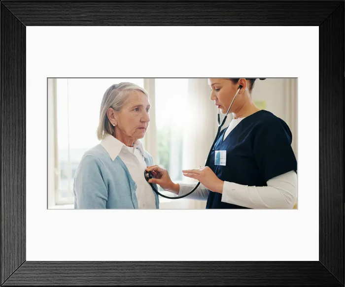 Framed Print : Senior woman, nurse or stethoscope for healthcare