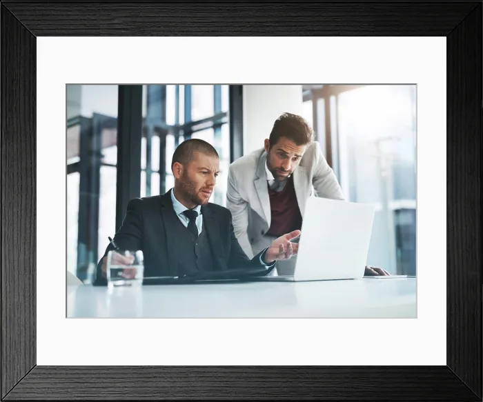 Framed Print : Businessmen, laptop and question for discussion in office