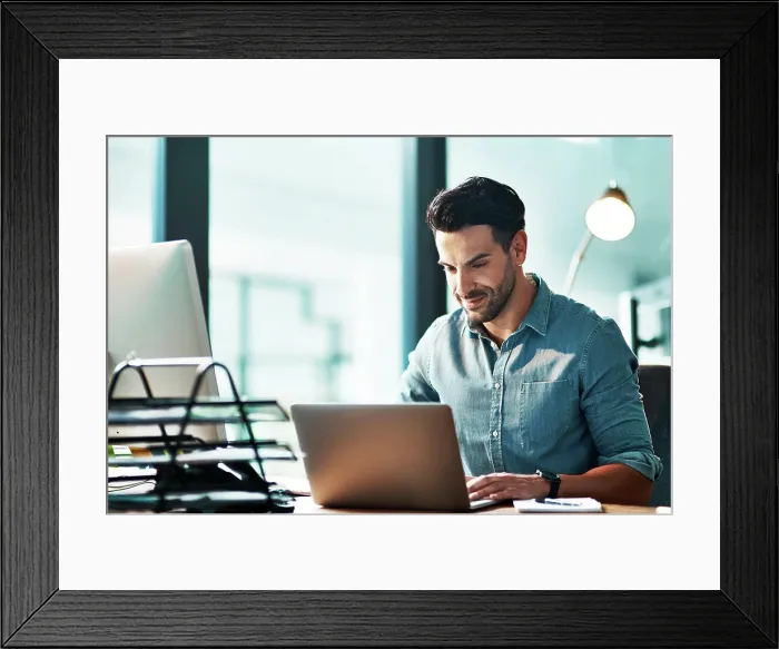 Framed Print : Business man, laptop and typing in office for planning strategy Framed Print : Business man, laptop and typing in office for planning strategy