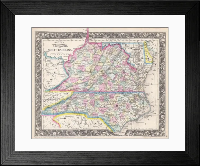 Framed Print : 1860 Mitchell Map of Virginia (undivided) and North Carolina Framed Print : 1860 Mitchell Map of Virginia (undivided) and North Carolina