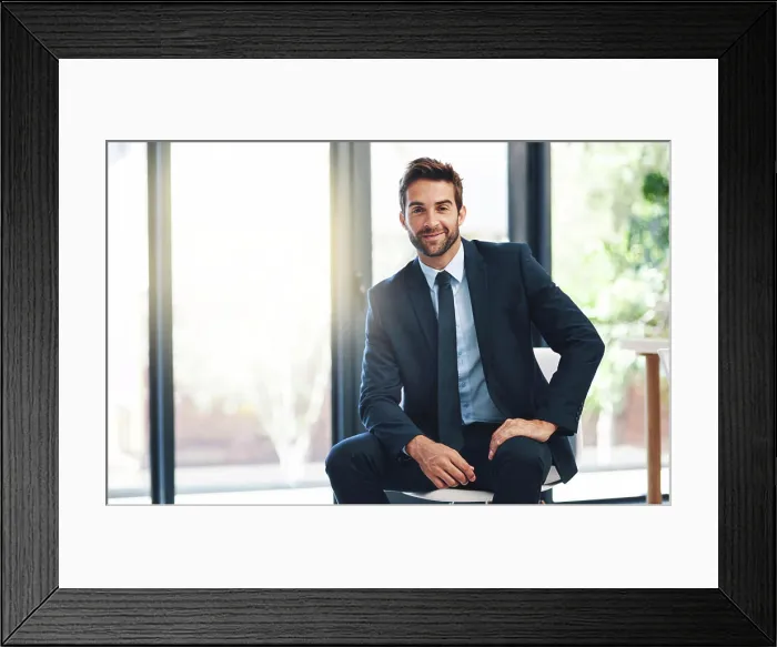 Framed Print : Businessman, pride and chair in office with portrait for ambition Framed Print : Businessman, pride and chair in office with portrait for ambition