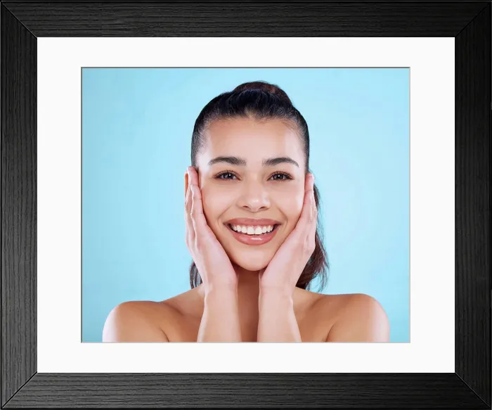 Framed Print : Studio, skincare and portrait of happy woman with hands Framed Print : Studio, skincare and portrait of happy woman with hands