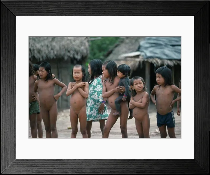Framed Print : Brazil, Amazon, Xikrin Children With Strips Of Shaved Hair And One Small Child With Body Painted With Black Genipapo Framed Print : Brazil, Amazon, Xikrin Children With Strips Of Shaved Hair And One Small Child With Body Painted With Black Genipapo