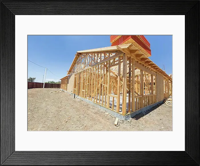 Framed Print : Wood home framing abstract at construction site Framed Print : Wood home framing abstract at construction site