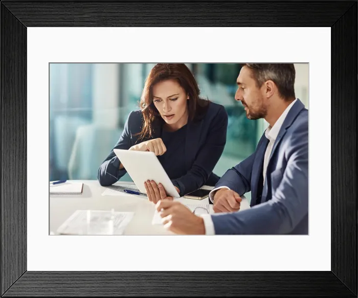 Framed Print : Collaboration, tablet and research with business people in the office for research on a company project
