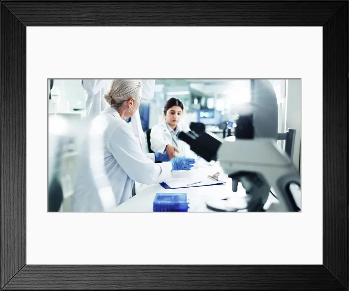 Framed Print : People, scientist and tube for test in lab of medical