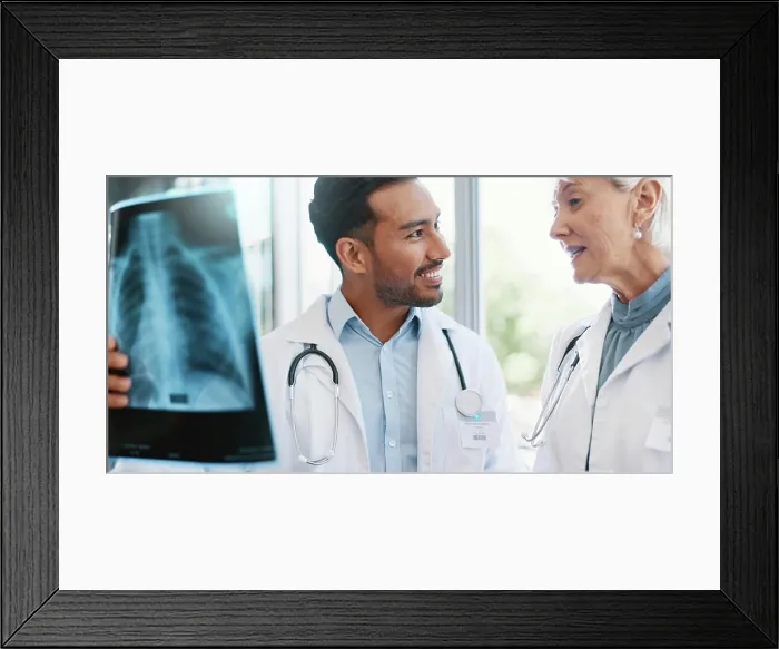 Framed Print : Doctors, x ray and medical conversation in hospital Framed Print : Doctors, x ray and medical conversation in hospital